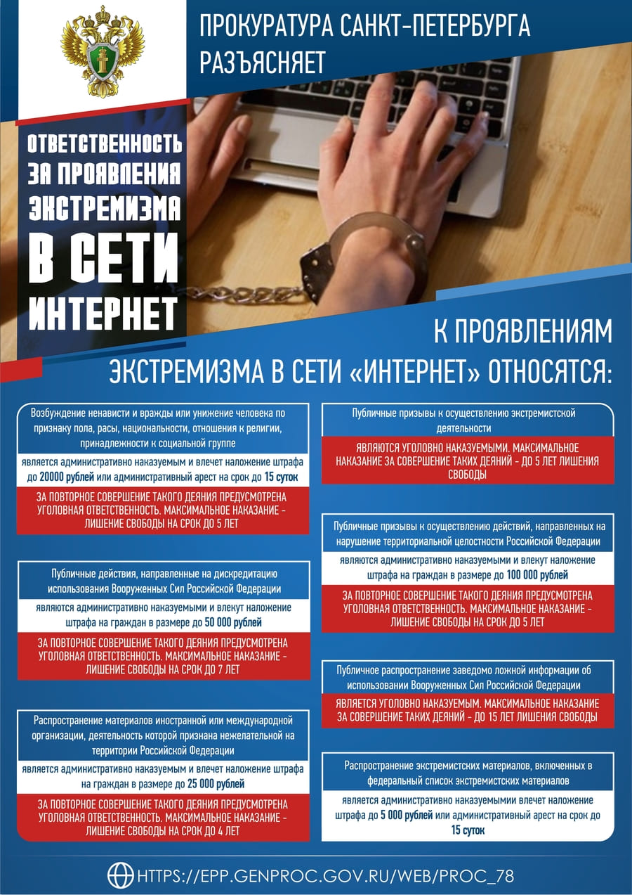 Разъяснения прокуратуры Санкт-Петербурга - ответственность за проявления экстремизма в сети